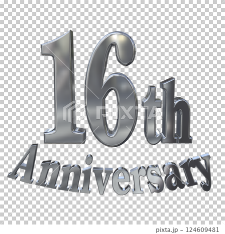 3DCG文字「16th Anniversary/16周年マークキラキラ」シルバー,銀 124609481