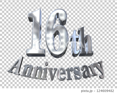 3DCG文字「16th Anniversary/16周年マークキラキラ」シルバー,銀 124609482