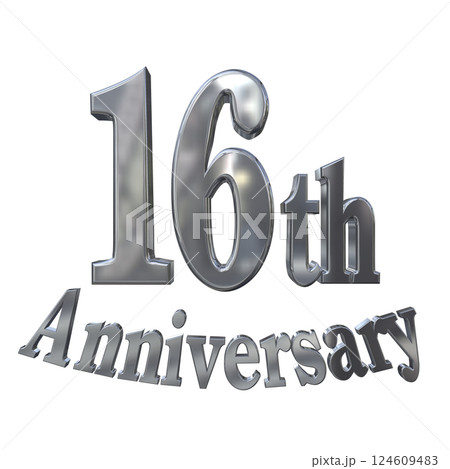 3DCG文字「16th Anniversary/16周年マークキラキラ」シルバー,銀 124609483