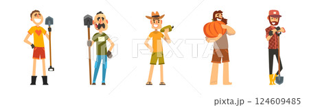 Funny Man Farmer Character Enjoy Horticulture and Agriculture Vector Set 124609485