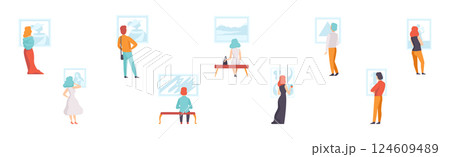 People Character in Art Gallery Looking at Pictures in Museum Vector Set People Character in Art Gallery Looking at Pictures in Museum Vector Set 124609489