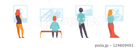 People Character in Art Gallery Looking at Pictures in Museum Vector Set 124609491