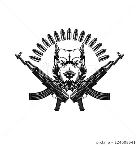Angry dog head with crossed assault rifles. Design element for poster, emblem, sign. Vector illustration 124609641