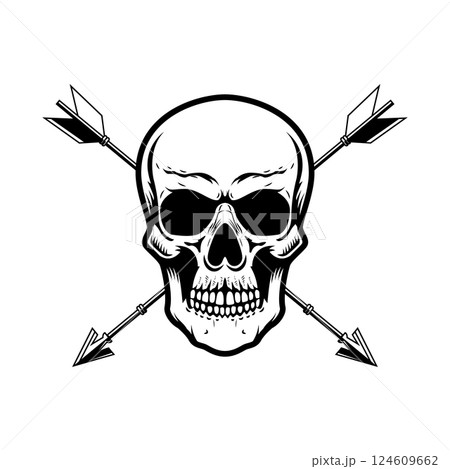 Skull with crossed arrows. Design element for poster, card, banner, emblem, sign. Vector illustration 124609662