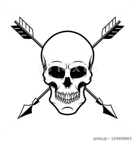Skull with crossed arrows. Design element for poster, card, banner, emblem, sign. Vector illustration 124609663