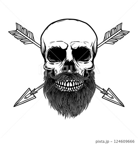 Skull with crossed arrows. Design element for poster, card, banner, emblem, sign. Vector illustration 124609666