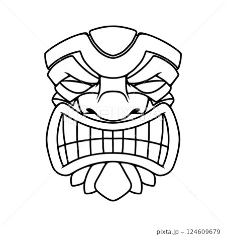 Illustration of Tiki tribal wooden mask. Design element for logo, emblem, sign, poster, card, banner. Vector illustration 124609679