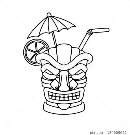 Illustration of Tiki tribal wooden mask. Design element for logo, emblem, sign, poster, card, banner. Vector illustration 124609681