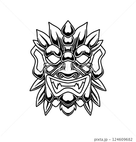 Illustration of Tiki tribal wooden mask. Design element for logo, emblem, sign, poster, card, banner. Vector illustration Illustration of Tiki tribal wooden mask. Design element for logo, emblem, sign, poster, card, banner. Vector illustration 124609682