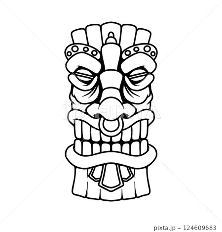 Illustration of Tiki tribal wooden mask. Design element for logo, emblem, sign, poster, card, banner. Vector illustration Illustration of Tiki tribal wooden mask. Design element for logo, emblem, sign, poster, card, banner. Vector illustration 124609683