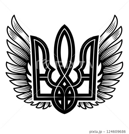 Ukrainian trident with wings. Ukrainian sign. Design for label, badge, emblem, poster card. Vector illustration Ukrainian trident with wings. Ukrainian sign. Design for label, badge, emblem, poster card. Vector illustration 124609686