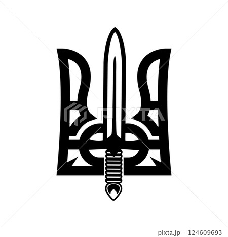 Stylized ukrainian trident with sword shape. Ukrainian sign. Design for label, badge, emblem, poster card. Vector illustration 124609693