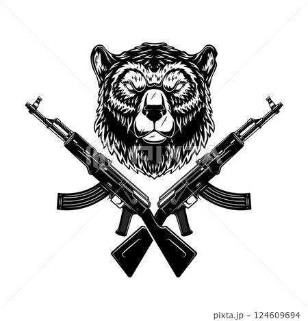 Angry bear head with crossed assault rifles. Design element for poster, emblem, sign. Vector illustration 124609694
