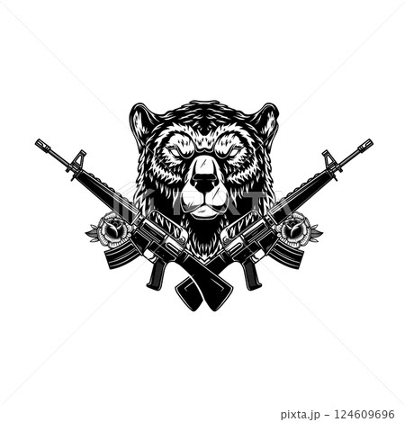 Angry bear head with crossed assault rifles. Design element for poster, emblem, sign. Vector illustration 124609696