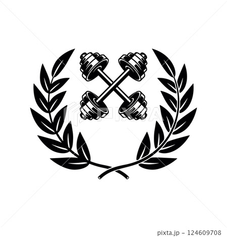 Emblem template with crossed dumbbells and wreath. Design element for logo, sign, emblem. Vector illustration 124609708