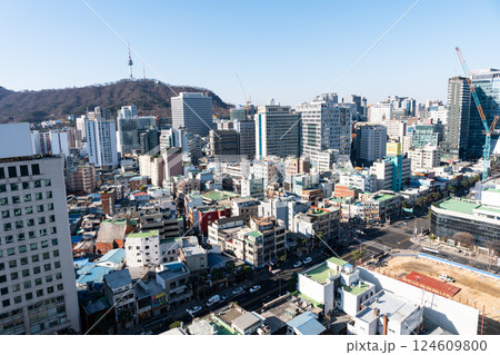ホテル ザ ボタニックセウン明洞の屋上から見た韓国ソウルの街並み　南山タワー　朝の風景 124609800