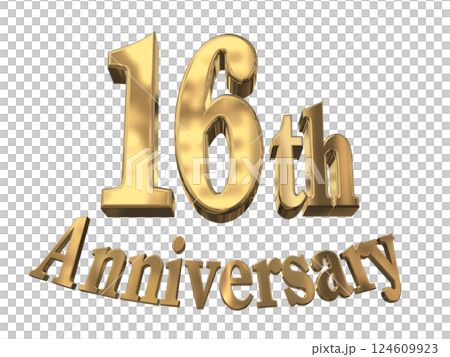3DCG 字母「16 週年/16 週年紀念標誌閃亮」金色,金色 3DCG 字母「16 週年/16 週年紀念標誌閃亮」金色,金色 124609923