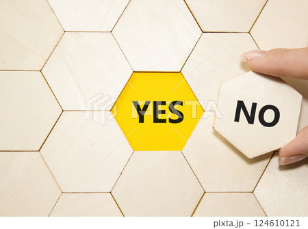 Yes or No symbol. Concept word Yes or No on wooden puzzle. Businessman hand. Beautiful yellow background. Business and Yes or No concept. Copy space Yes or No symbol. Concept word Yes or No on wooden puzzle. Businessman hand. Beautiful yellow background. Business and Yes or No concept. Copy space 124610121