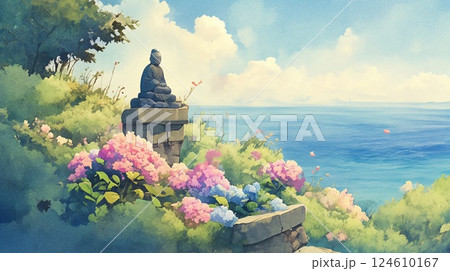 紫陽花と海が広がる夏の癒し風景・和風水彩タッチ 紫陽花と海が広がる夏の癒し風景・和風水彩タッチ 124610167