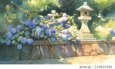 紫陽花と海が広がる夏の癒し風景・和風水彩タッチ 124610168