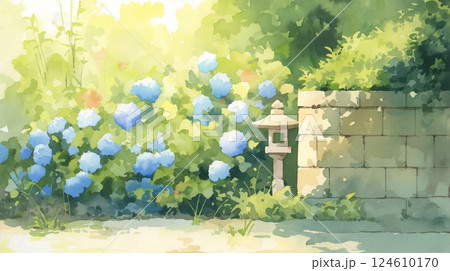 紫陽花と海が広がる夏の癒し風景・和風水彩タッチ 124610170