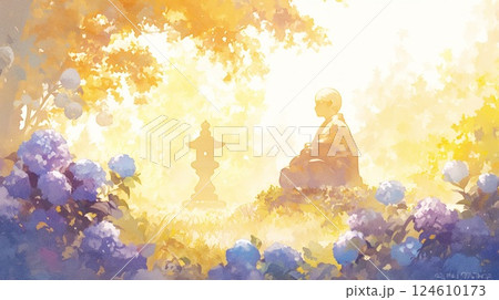 紫陽花と海が広がる夏の癒し風景・和風水彩タッチ 124610173