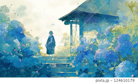 紫陽花と海が広がる夏の癒し風景・和風水彩タッチ 124610179