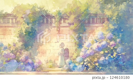 紫陽花と海が広がる夏の癒し風景・和風水彩タッチ 124610180