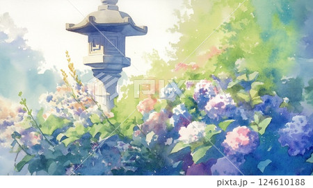 水彩風の紫陽花とお地蔵様が佇む穏やかな自然風景 124610188