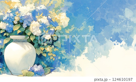 水彩風の紫陽花とお地蔵様が佇む穏やかな自然風景 124610197