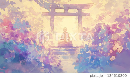 水彩風の紫陽花とお地蔵様が佇む穏やかな自然風景 124610200