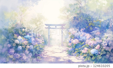 紫陽花とお地蔵様が見守る静かな海辺の風景イラスト 124610205