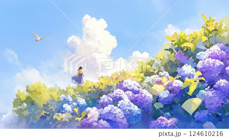 紫陽花とお地蔵様が見守る静かな海辺の風景イラスト 124610216