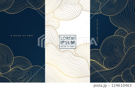 Vector set of line cloud golden patterns, chinese, japanese wave smoke textures, asian curve cards. Luxury premium abstract posters, art, labels, package. Vector set of line cloud golden patterns, chinese, japanese wave smoke textures, asian curve cards. Luxury premium abstract posters, art, labels, package. 124610463