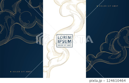 Vector set of line cloud golden patterns, chinese, japanese wave smoke textures, asian curve cards. Luxury premium abstract posters, art, labels, package. 124610464