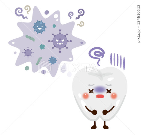 歯周病菌や虫歯菌の危険に晒された歯のキャラクターイラスト 124610512