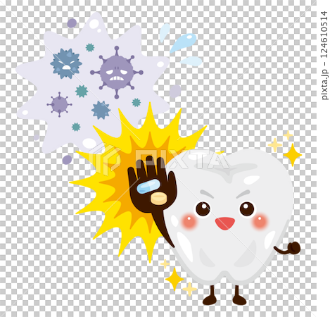 Character illustration of a tooth that becomes healthy by eliminating bacteria with medicine Character illustration of a tooth that becomes healthy by eliminating bacteria with medicine 124610514