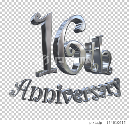 3DCG文字「16th Anniversary/16周年マークキラキラ」シルバー,銀 124610615