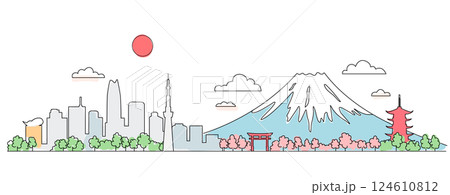 日本の都市と富士山の風景ベクター 124610812