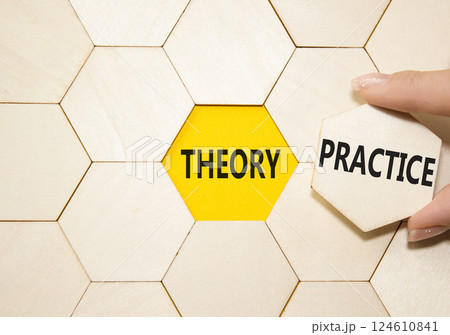 Theory or Practice symbol. Concept word Theory or Practice on wooden puzzle. Businessman hand. Beautiful yellow background. Business and Theory or Practice concept. Copy space Theory or Practice symbol. Concept word Theory or Practice on wooden puzzle. Businessman hand. Beautiful yellow background. Business and Theory or Practice concept. Copy space 124610841