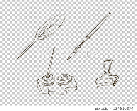 アンティークな文房具の手描きイラスト アンティークな文房具の手描きイラスト 124610874