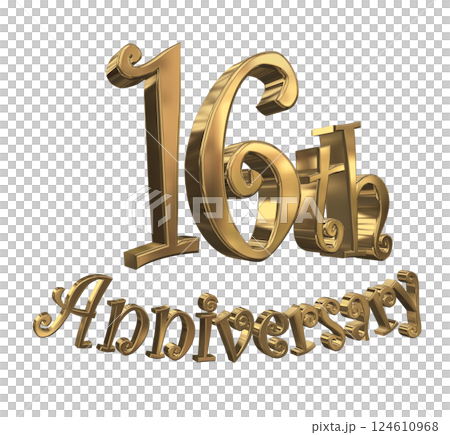 3DCG文字「16th Anniversary/16周年マークキラキラ」ゴールド,金 124610968