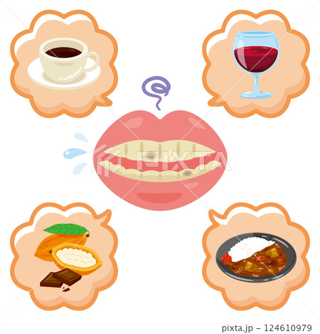 ステインで汚れた口のイラストと原因イラスト ステインで汚れた口のイラストと原因イラスト 124610979