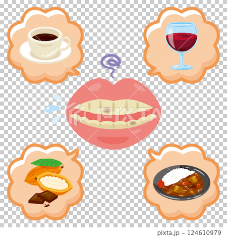 ステインで汚れた口のイラストと原因イラスト ステインで汚れた口のイラストと原因イラスト 124610979