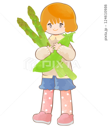 野菜と子ども 大きなアスパラガスとサヤエンドウを抱える女の子 野菜と子ども 大きなアスパラガスとサヤエンドウを抱える女の子 124610986