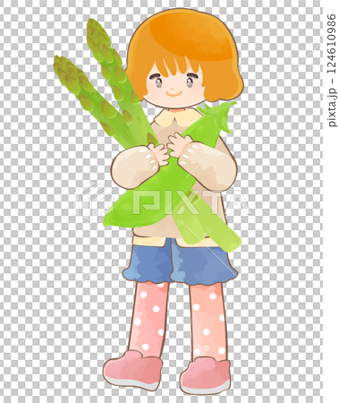 野菜と子ども 大きなアスパラガスとサヤエンドウを抱える女の子 野菜と子ども 大きなアスパラガスとサヤエンドウを抱える女の子 124610986