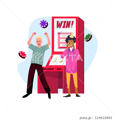 People win jackpot on casino slot machine, gambling game, slot machine with victory banana symbols vector illustration People win jackpot on casino slot machine, gambling game, slot machine with victory banana symbols vector illustration 124610993