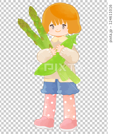 Vegetables and Children: A girl holding a large asparagus and snow peas Vegetables and Children: A girl holding a large asparagus and snow peas 124611016