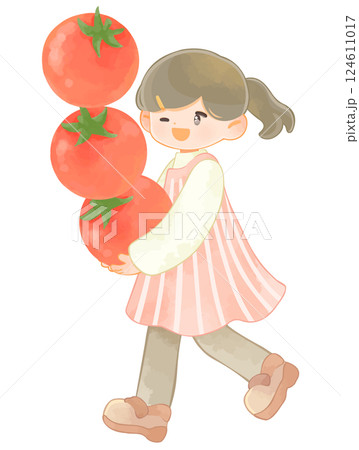 野菜と子ども 大きなミニトマトを抱える女の子 野菜と子ども 大きなミニトマトを抱える女の子 124611017