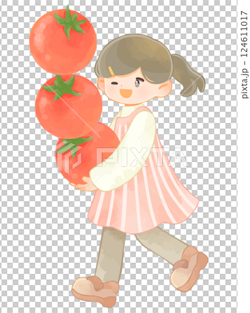 野菜と子ども 大きなミニトマトを抱える女の子 野菜と子ども 大きなミニトマトを抱える女の子 124611017